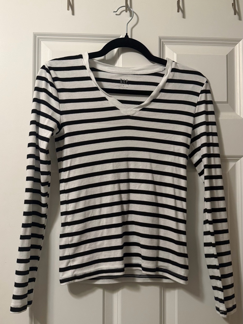 Cotton GAP Black & White Striped V-Neck Long Sleeve Tee